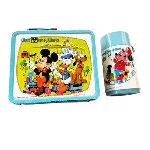 Vintage 70’s WALT DISNEY WORLD Mickey Mouse Lunch Box HAPPY 50 YEARS & Thermos